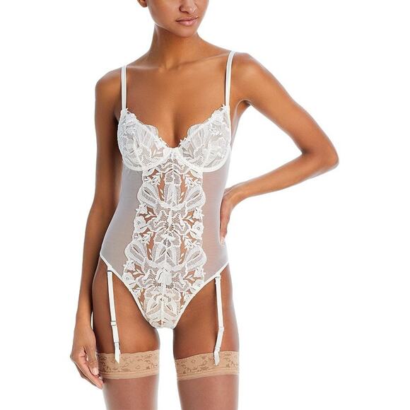 Fleur Du Mal Floral Bow Embroidered Lace & Mesh Bodysuit, Ivory, Size S 0040 - Picture 1 of 2